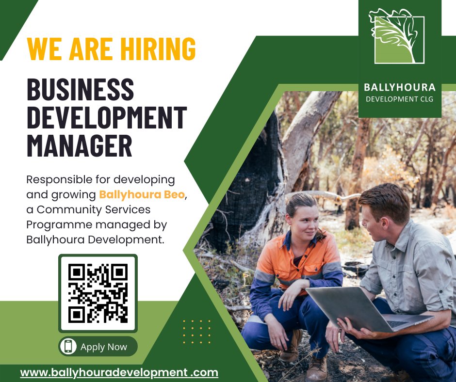 📢 #JᴏʙAʟᴇʀᴛ #NᴏᴡHɪʀɪɴɢ @BallyhouraDev is now hiring for the position of Business Development Manager who will be responsible for developing and growing Ballyhoura Beo, a Community Services Programme. Apply: ibit.ly/8Wkb #jobsearch #jobopening #jobslimerick
