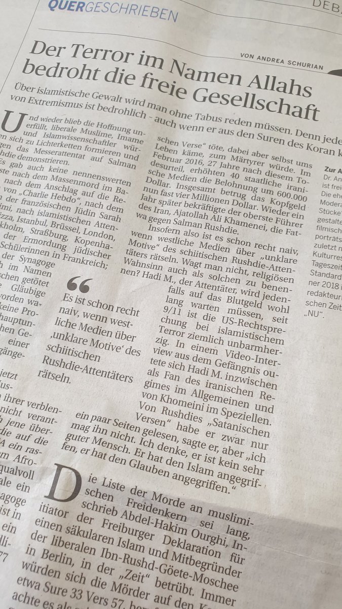 Glossa_Austria's tweet photo. Jede Art von Extremismus bedroht die freie Gesellschaft - ob er von links, rechts oder aus den Suren des Koran kommt. Conclusio von Andrea Schurian im @DiePressecom-#Quergeschrieben
https://t.co/fF0Xtz6MUT zum Attentat auf #Rushdi Wegducken & Verklausulieren sind keine Option. https://t.co/pRav9QALr2