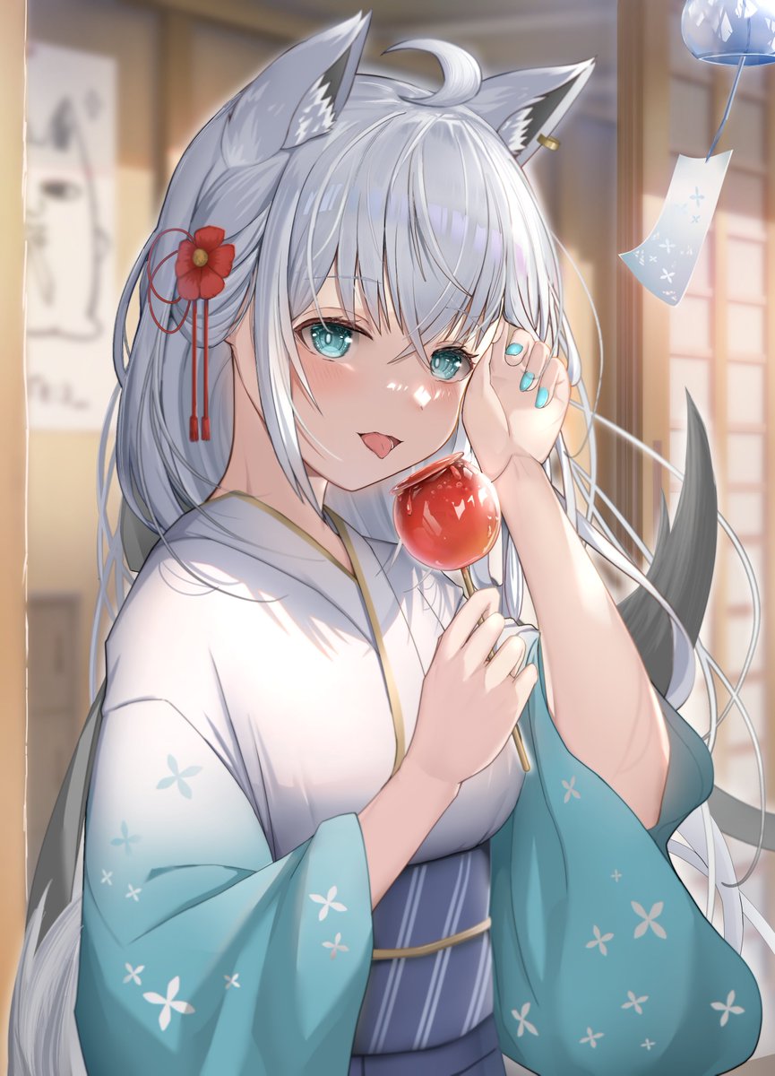 shirakami fubuki 1girl kimono fox ears animal ears solo food fox girl  illustration images