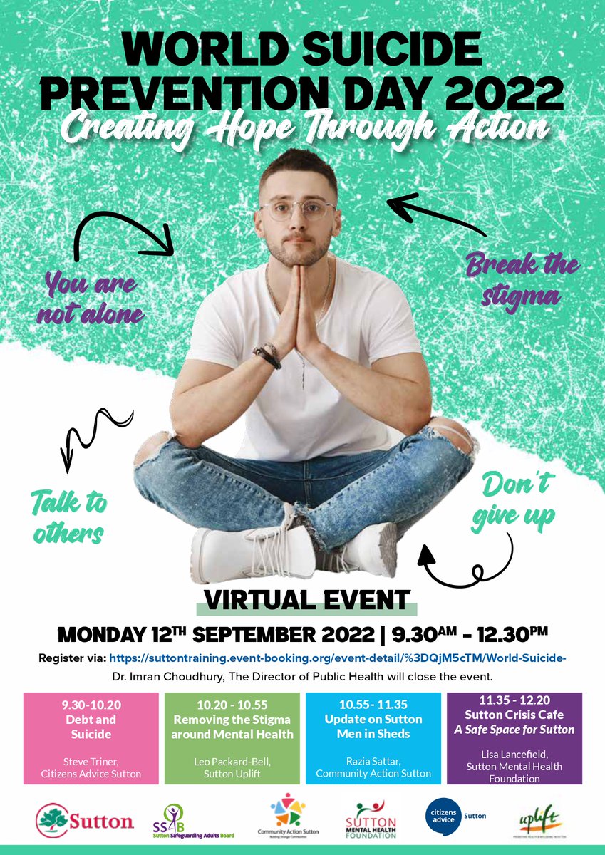 SMHF (@suttonmhf) on Twitter photo This is set to be a great event, packed full of useful information, with speakers from organisations in #Sutton, giving info about their services and #SuicidePrevention.
*virtual event*
Mon 12th Sept 9:30am - 12:30pm
<a href="/SuttonCouncil/">Sutton Council</a> <a href="/ComActionSutton/">Community Action Sutton</a> <a href="/AdviceSutton/">Citizens Advice Sutton</a> <a href="/SuttonUplift/">Sutton Talking Therapies</a> This is set to be a great event, packed full of useful information, with speakers from organisations in #Sutton, giving info about their services and #SuicidePrevention.
*virtual event*
Mon 12th Sept 9:30am - 12:30pm
<a href="/SuttonCouncil/">Sutton Council</a> <a href="/ComActionSutton/">Community Action Sutton</a> <a href="/AdviceSutton/">Citizens Advice Sutton</a> <a href="/SuttonUplift/">Sutton Talking Therapies</a>