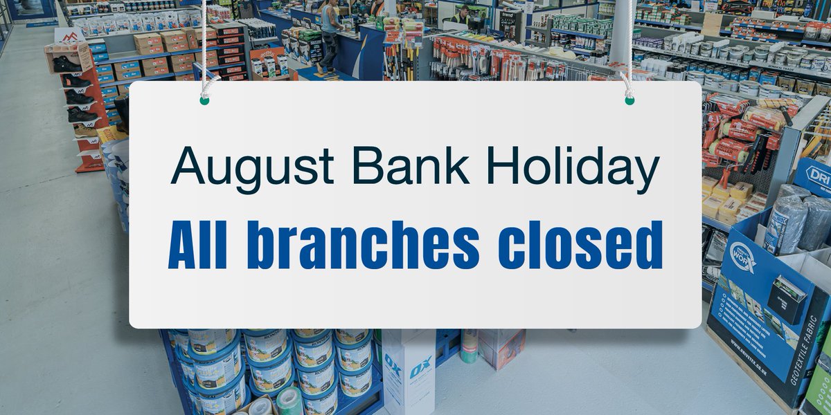 Monday, 29 August, all branches will be closed for #AugustBankHoliday. 😎☀️

#BuildingMaterials #BuildersMerchants #landscaping #homerevamp #decorating #buildersuk #Northampton #Kettering #Huntingdon # Sudbury