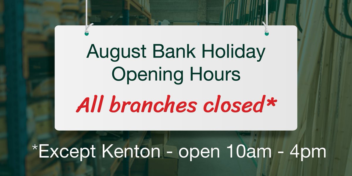 Monday, 29 August, all branches (except Kenton) will be closed for #AugustBankHoliday. 😎☀️ 

#BuildingMaterials #BuildersMerchants #landscaping #homerevamp #decorating #buildersuk