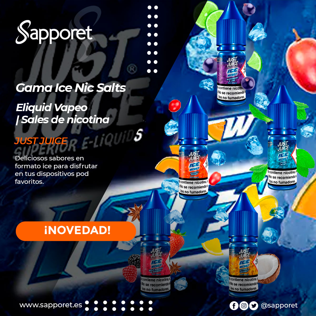 🆕Prueba los nuevos E-Liquid frutales y helados de Just Juice Ice con sales de nicotina🆕
¡Sorprendentes!

ow.ly/PKSJ50KiJ9l

🔞Tiendas en : Alcorcón, Alcalá , Leganés, Palma de Mallorca, Parla y Valdeacederas (Madrid)🔞