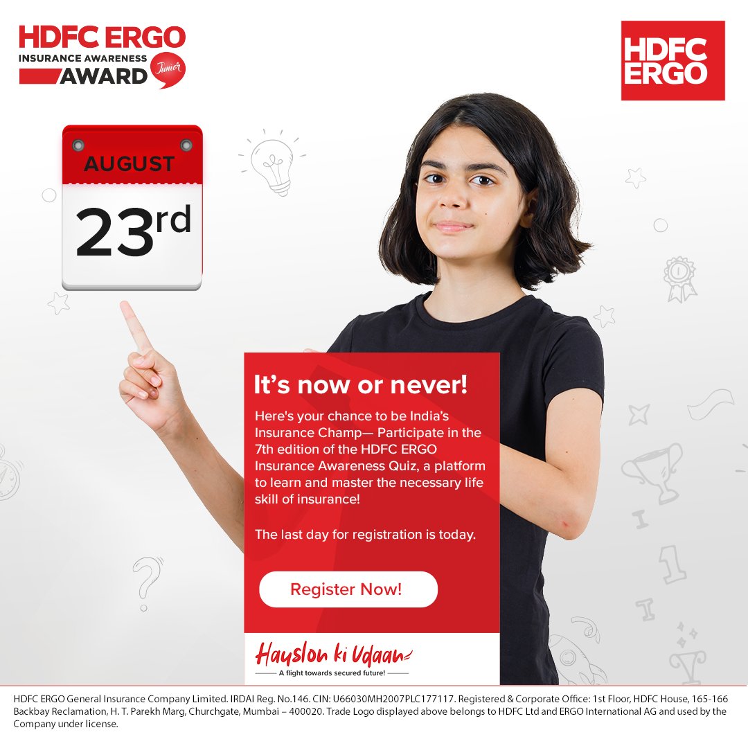 HDFCERGOGIC's tweet photo. Registrations for the #HDFCERGO #InsuranceQuiz closes today! Register yourself or your school today for a chance to win BIG &amp; appear on national television. Eligible for 8th and 9th Class students only. Register now: https://t.co/XRjNsEefPF

 #HauslonKiUdaan #TowardsSecuredFuture https://t.co/lMSRHHPUAj