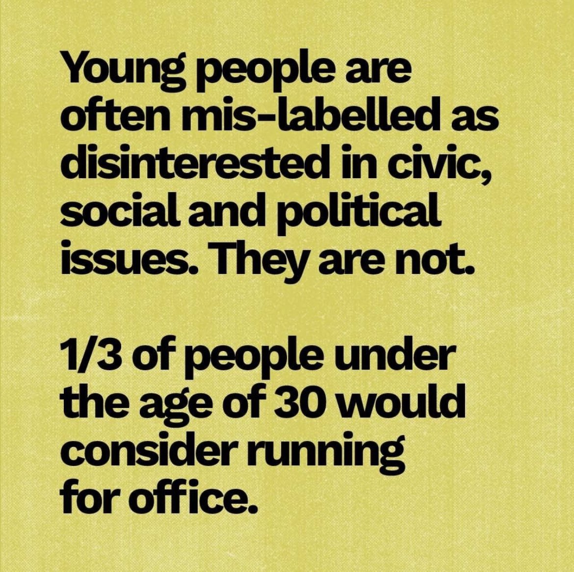 🔱 It’s a myth that young people are not interested in politics. 

1/3 people of people under the age of 30 would consider running for office (!)

Yet, 2.6% of parliamentarians are under 30.

Time for #meaningfulyouthparticipation