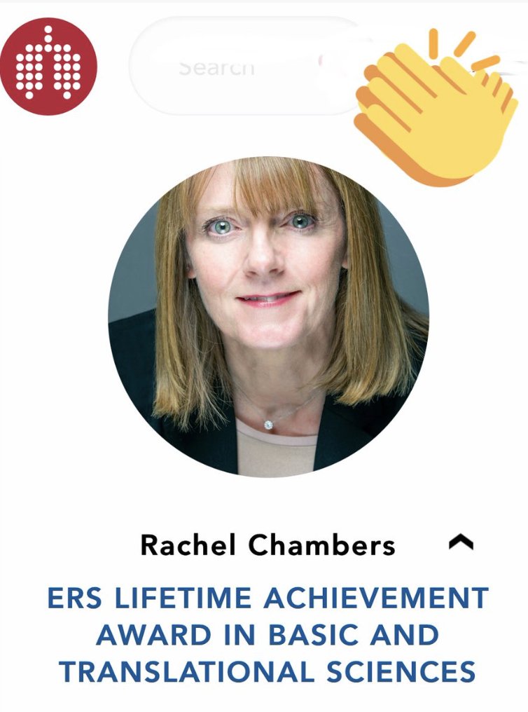 Huge congratulations to Rachel Chambers and of course her team for the fantastic ERS Life Time Achievement Award. Rachel has worked tirelessly on both her own discoveries and supporting/mentoring basic and translation respiratory scientists. A huge legacy so early in her career!!