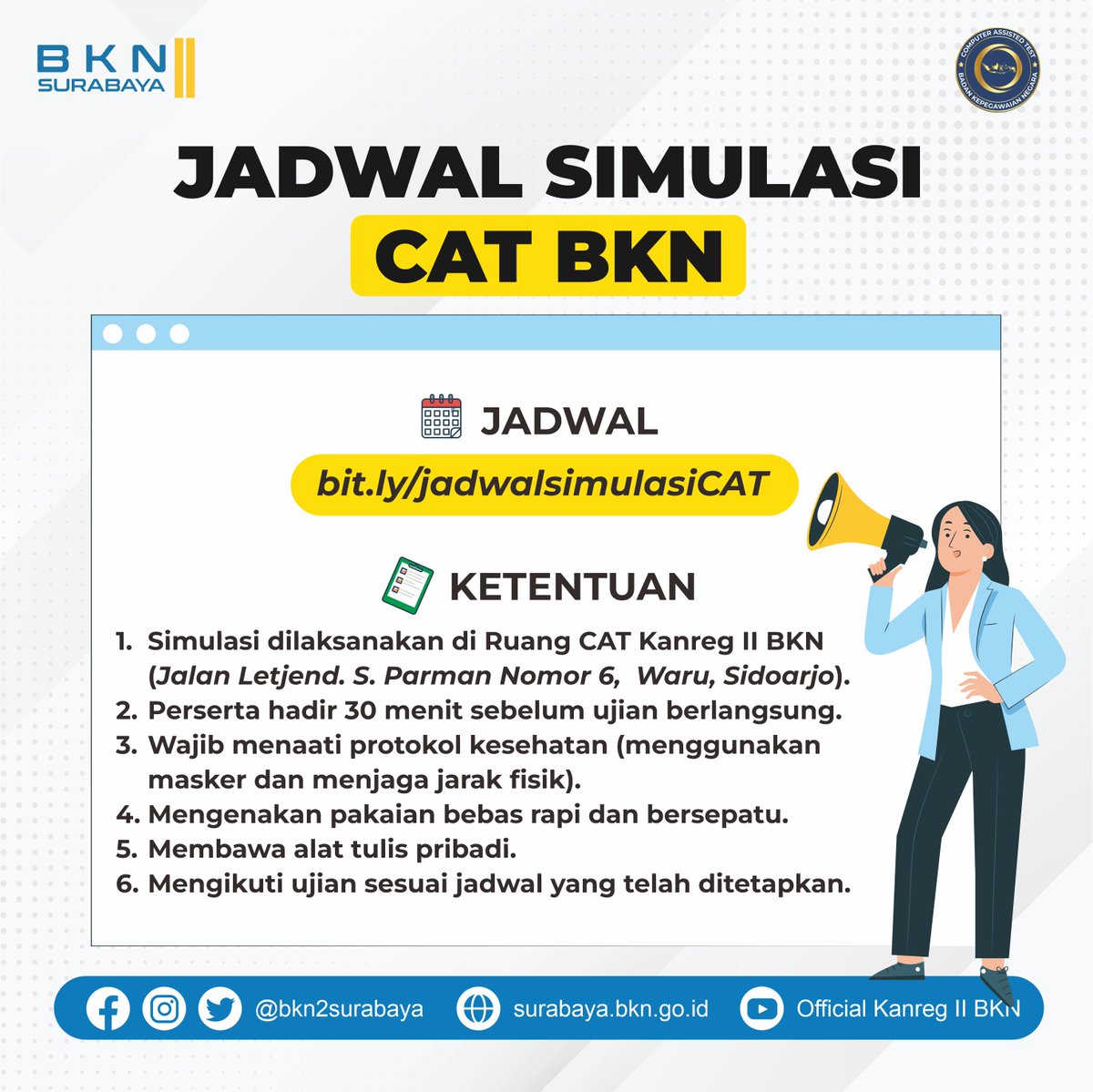 bkn2surabaya's tweet photo. Holaaa #SobatBKN yang sudah mendaftar Simulasi CAT 2022, hayuuuk segera cek jadwal ujian melalui tautan berikut
π https://t.co/NJJQXypktT
Mimin tunggu di Kanreg II BKN, see ya guys ππ
#simulasicat #catbkn https://t.co/Wu8BZleY5I