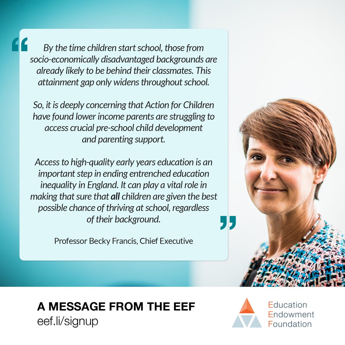 EducEndowFoundn's tweet photo. 🚨 New @AfCEngland report finds lower income families are struggling to access early years support. 

Our CEO, @BeckyFrancis7, emphasises the need for all children to be given equal access to high-quality education.

#earlyyears #EducationForAll https://t.co/qzhKpsEKyx