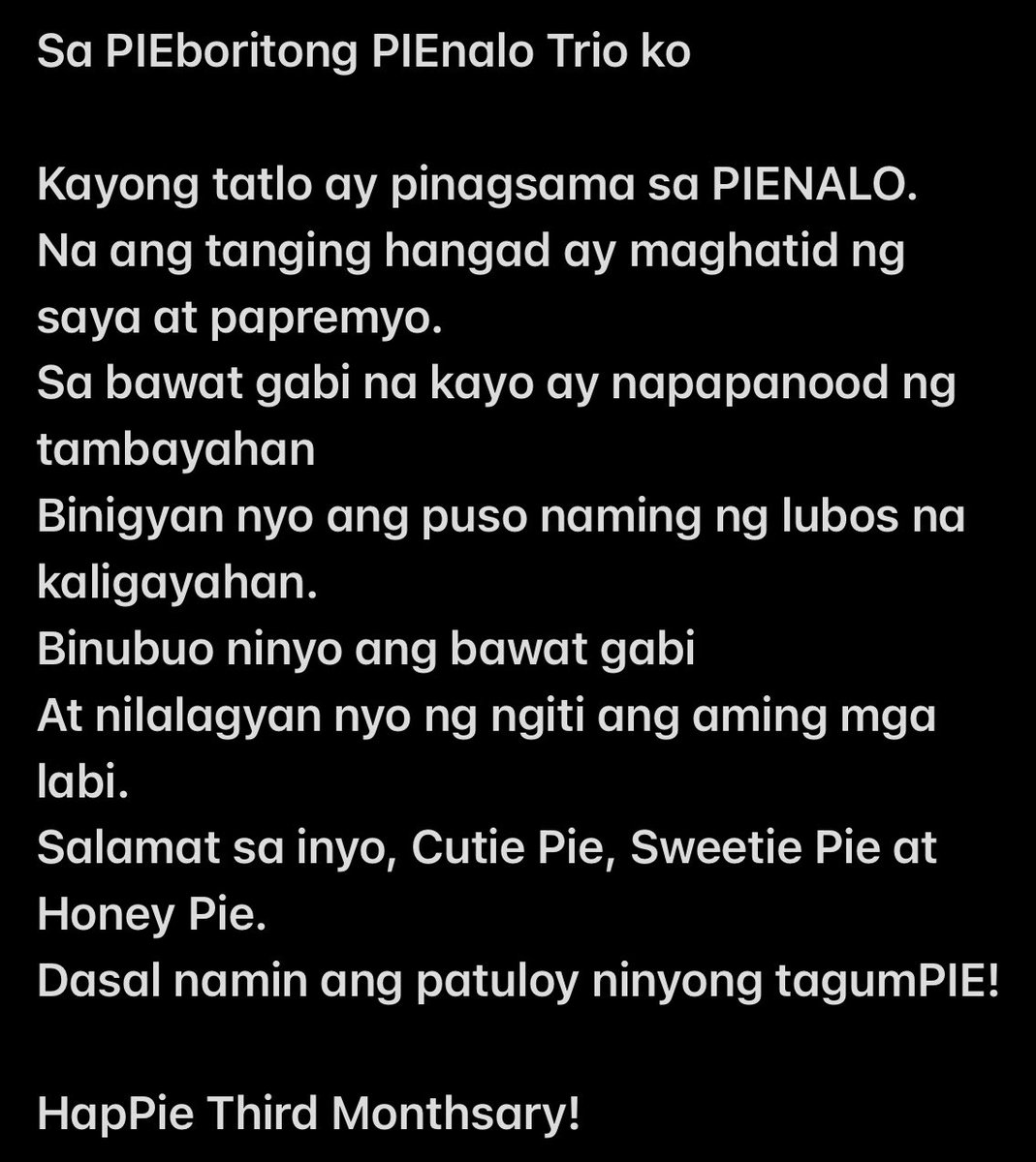 PangzLei's tweet photo. Para sa inyo My PIEboritong PIEnalo Trio
Cutie Pie @EianRances
Sweetie Pie @nickimorenayeah
Honey Pie @kevinmontillano
HapPIE 3RD MONTHSARY EIAN
#EianRances | @EianRances
#PIEchannel #PIEnalo
#PIEloveu3 #PIEMonthsary @iampieofficial https://t.co/qx2v5RMfxw