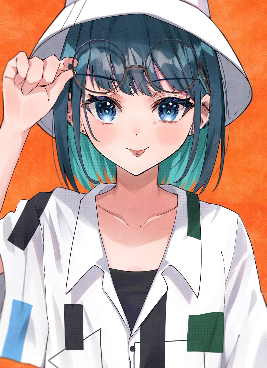 1girl tongue tongue out solo blue eyes glasses hat  illustration images
