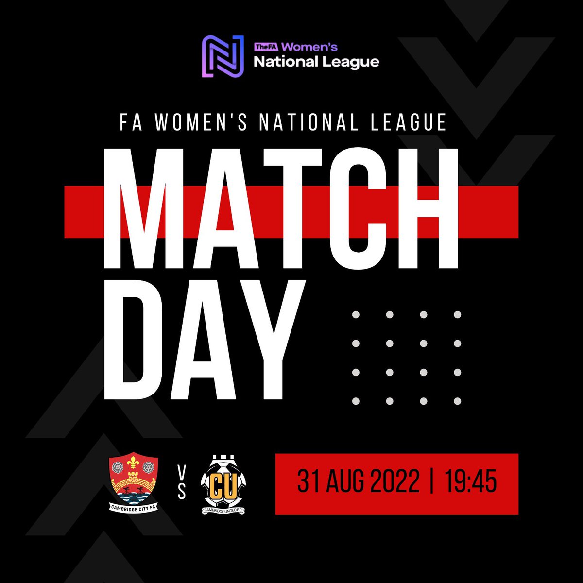 𝙉𝙚𝙭𝙩 𝙈𝙖𝙩𝙘𝙝..⚽️

🆚<a href="/CambridgeUtdWFC/">Cambridge United Women</a> 
🏟️<a href="/DEMCOM_UK/">DEMCOM</a> Stadium CB6 2SH
📅Wednesday 31st August 
🏆<a href="/FAWNL/">FA Women's National League</a> South East Div 1
⏰7:45pm 
🎟️Adults £5| Conc £3| U16 Free

Bar Open &amp; Refreshments available! 🍺☕️