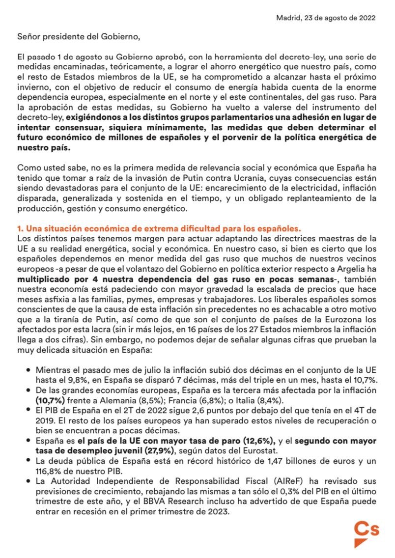 CiudadanosCs's tweet photo. Las medidas de ahorro energético impuestas por el Gobierno son un parche.

🖊 @InesArrimadas ha escrito una carta a Sánchez pidiéndole iniciativas que no sean una huida hacia delante:

🔸 Apostar por la energía nuclear
🔸 Aumentar la producción energética 
🔸 Bajar impuestos https://t.co/qmEcBwRQts