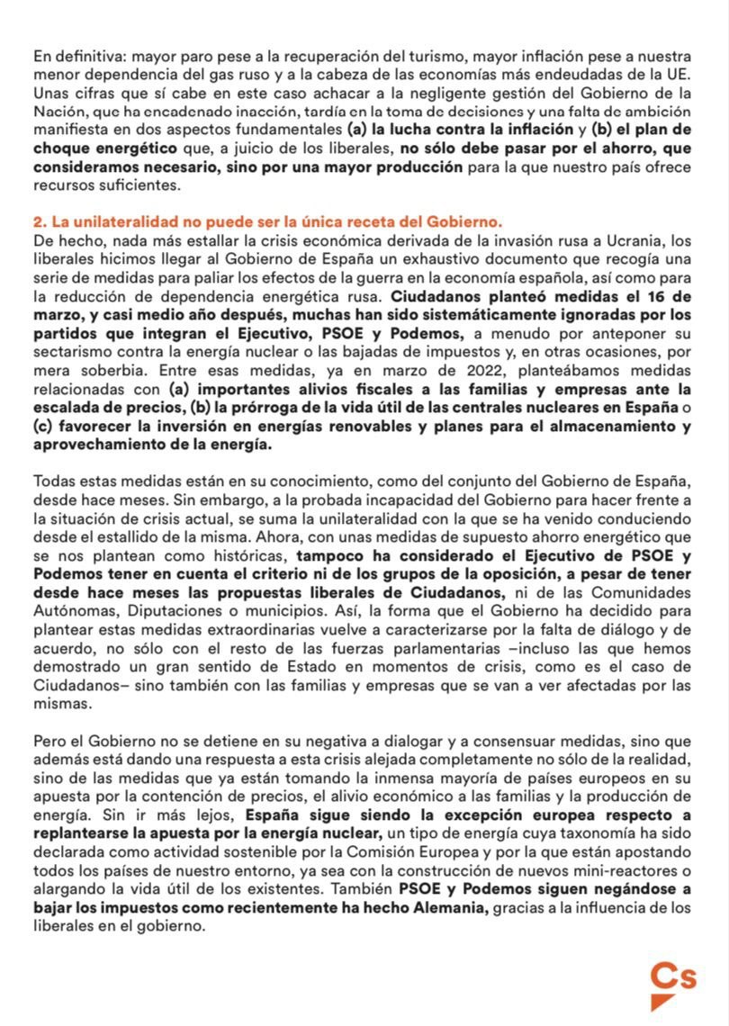 CiudadanosCs's tweet photo. Las medidas de ahorro energético impuestas por el Gobierno son un parche.

🖊 @InesArrimadas ha escrito una carta a Sánchez pidiéndole iniciativas que no sean una huida hacia delante:

🔸 Apostar por la energía nuclear
🔸 Aumentar la producción energética 
🔸 Bajar impuestos https://t.co/qmEcBwRQts