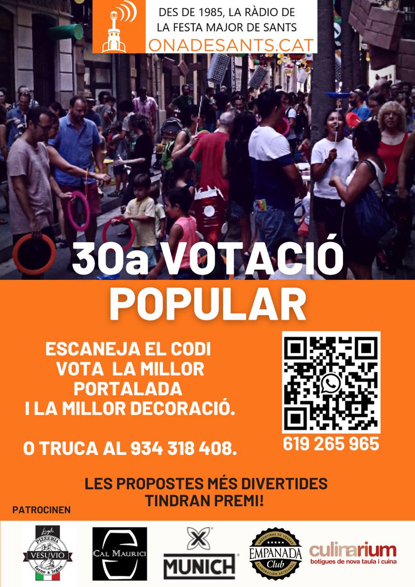 onadesants's tweet photo. Partcipa a la #votaciopopular de la #ràdio de #SantsMontjuïc, truca en directe als nostres espais, 93 431 84 08 o envia'ns un #whatsapp al 619 265 965.
Gaudeix de la primera emissora de #SantsMontjuïc, en directe https://t.co/2DbOA2sWSs
#bcn #sants #FMsants #FMSants22 #festaMajor https://t.co/YAt4rmtTP4