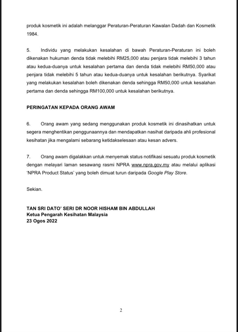 KKMPutrajaya's tweet photo. KENYATAAN MEDIA KEMENTERIAN KESIHATAN MALAYSIA

MAKLUMAN PRODUK KOSMETIK YANG DIKESAN MENGANDUNGI RACUN BERJADUAL https://t.co/5tTq89G3LM