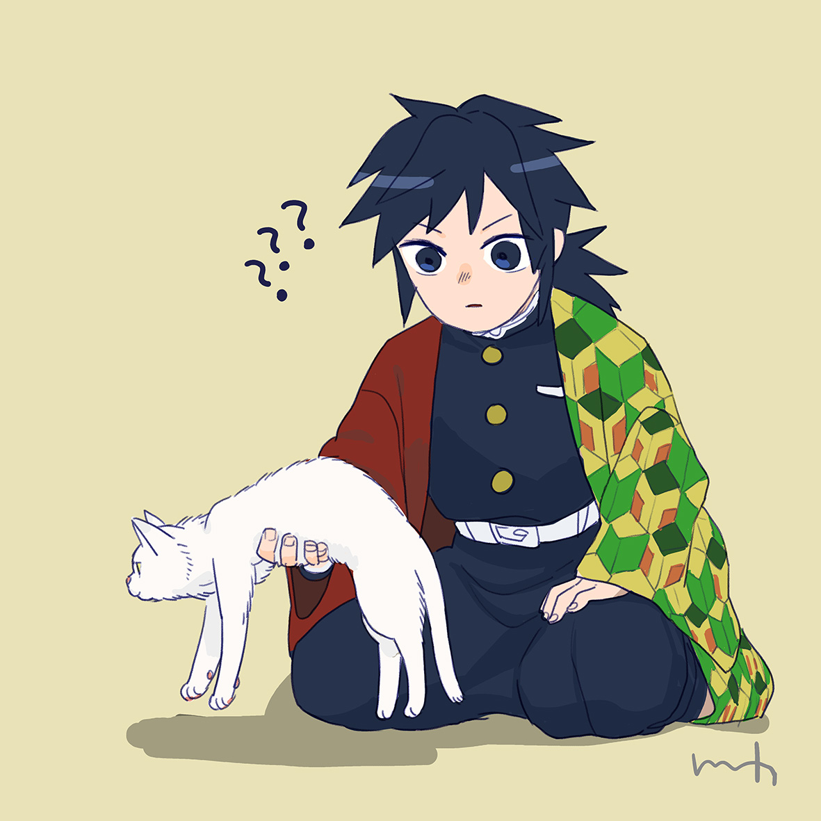 tomioka giyuu demon slayer uniform 1boy ? male focus cat black hair animal  illustration images