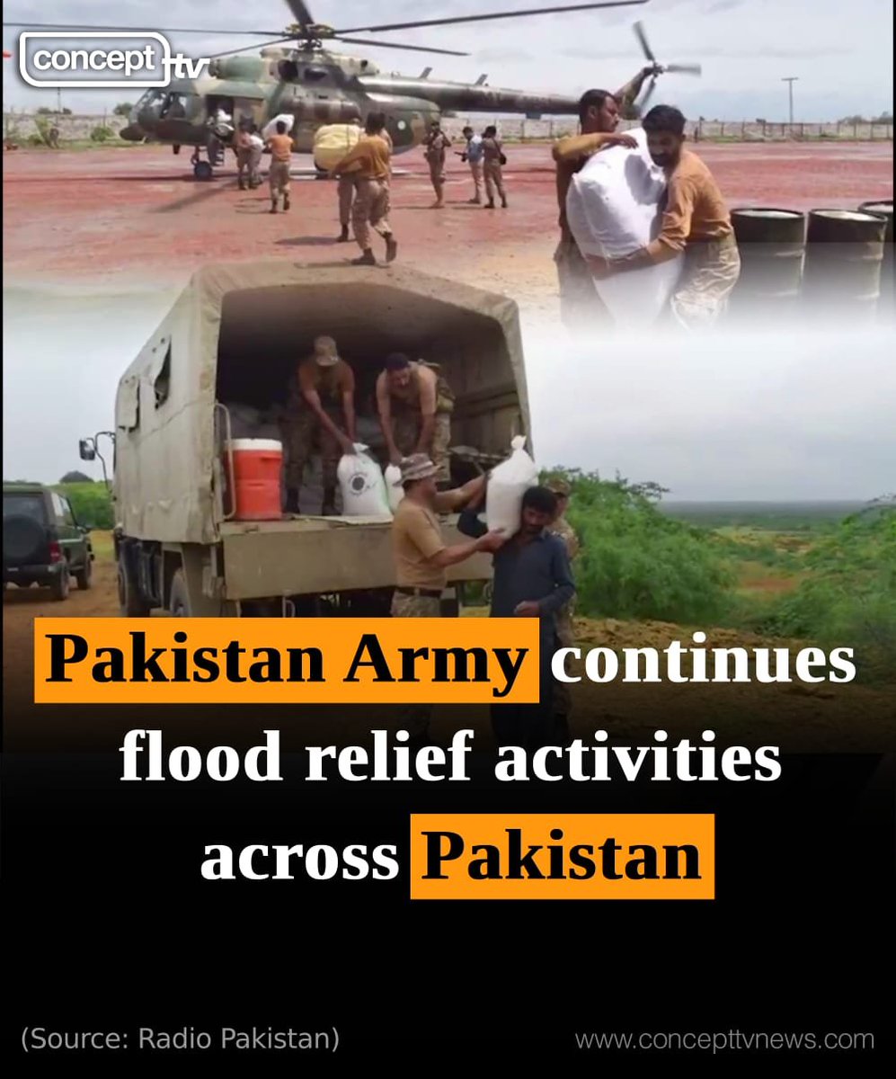 ConceptTVNews's tweet photo. #PakistanArmy troops are busy in rescue and relief operations in flood-hit areas of Sindh, #Balochistan, KP and Punjab. Special Army helicopters were flown from Karachi to affected areas of interior #Sindh to speed up rescue and relief efforts. https://t.co/6ArIlysds0