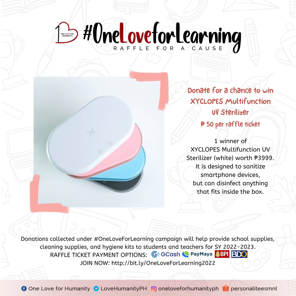 lovehumanityph's tweet photo. #OneLoveForLearning Raffle For A Cause Update ❣️

Total amount of donations (ticket sales) as of August 23, 2022 (4PM): ₱1050

We still need funds to be able to provide COVID-19 hygiene kits &amp; school supplies. 😊

Visit this page to enter the raffle:
https://t.co/L7UEaE8h7i https://t.co/EpZAHH7U3t