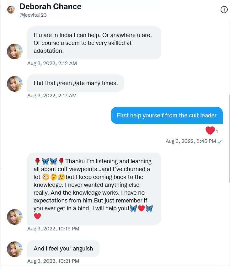 buddhaboy_AK's tweet photo. real face of @jeevita123 .
talks to me claiming she is getting light about the cult and then moves to mainstream twitter and butters nithi's ass, talks about guru droha and the greatness of the cult leader nithi..
and nithi thinks he can sustain his cult with people like this ? https://t.co/nCratOwzSd