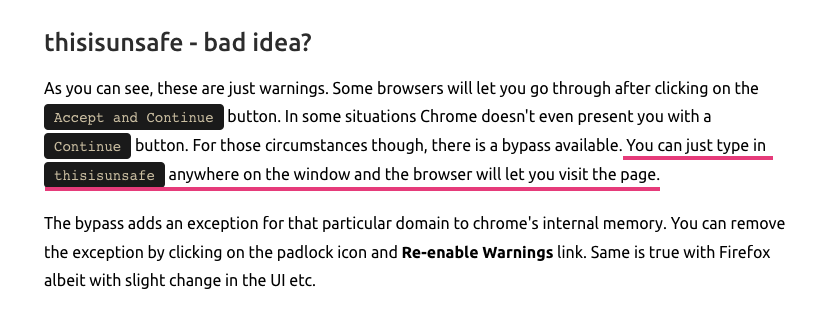 cyb3rops's tweet image. TIL whenever you see an SSL certificate error and the browser doesn&apos;t let you continue - even on your own risk, you can just type &apos;thisisunsafe&apos; to bypass the protection

cybercafe.dev/thisisunsafe-b…