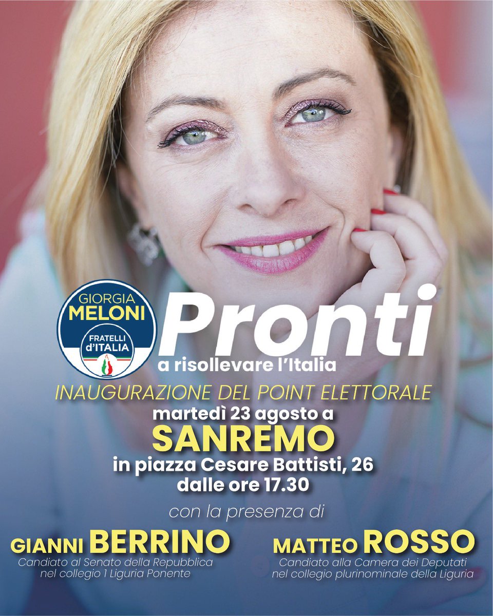 Vi aspettiamo questa sera a #Sanremo insieme a @MatteoRosso67 e tantissimi amici, per sostenere la nostra #leader <a href="/GiorgiaMeloni/">Giorgia Meloni</a> e #inaugurare il #pointelettorale
🇮🇹 Ci attende un importante sfida e vogliamo restituire forza alla volontà popolare #25settembre #FDI #siamopronti