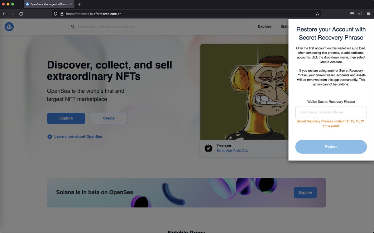 เตือนภัย!!!
email opeasea ปลอม⚠️
หลังจากทดลองกดลิงค์ ก็จะเข้าไปสู่หน้าเว็บปลอมทันที
ป๊อปอัพ matamask เด้งขึ้นมา แม้ว่าในบราวเวอร์ที่ใช้ทดสอบไม่ได้ลงแอพไว้
หมายความว่าหน้าเว็บปลอมทำกระเป๋าปลอมอีก เอาดิ๊!
ใส่รหัสอะไรก็ไม่ผ่านหรอกจร้าา 
มันจะบีบให้เรากรอก Seed เท่านั้น!!! ห้ามกรอก⚠️