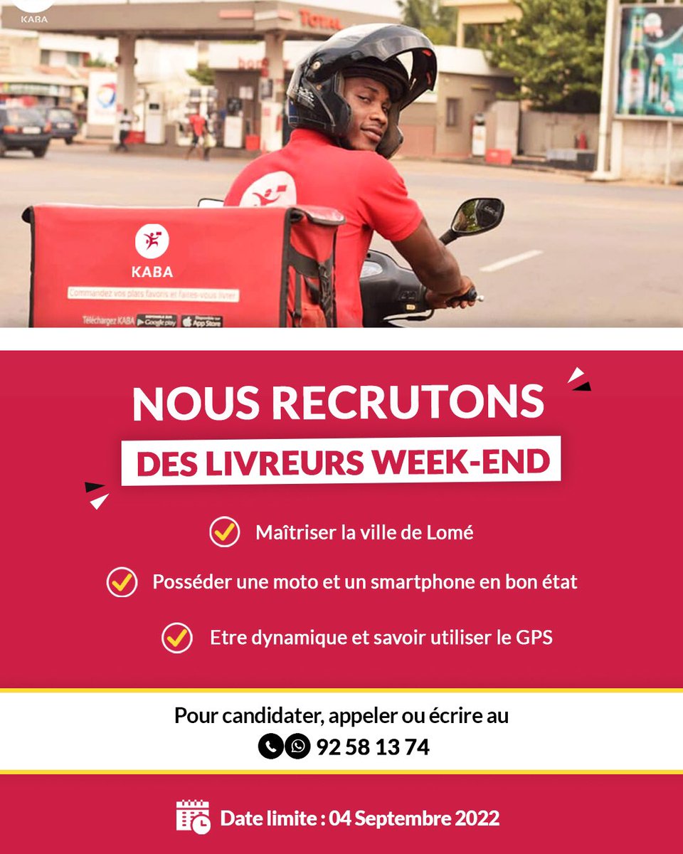 kabadelivery's tweet photo. Kaba recrute des livreurs - week-end.
📍 Vous remplissez les critères demandés, et vous êtes disponible les week-end? Postulez en nous contactant au 92 58 13 74.
🗓 Date limite: 04 septembre 2022
#kabarecrute #kabadelivery #TgTwittos #job228 https://t.co/OAOR600FaH