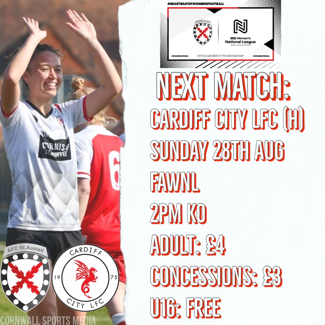 Next up, @CardiffCityLFC 

Get yourself down to Poltair Park on Sunday for our home debut in the <a href="/FAWNL/">FA Women's National League</a> .

We are also still looking for mascots for this game. 1 free adult ticket per mascot.

<a href="/swsportsnews/">South West Sports News</a> 
<a href="/ImpetusFootball/">Impetus</a> 
<a href="/sportscornwall/">Cornwall Sports Media</a>