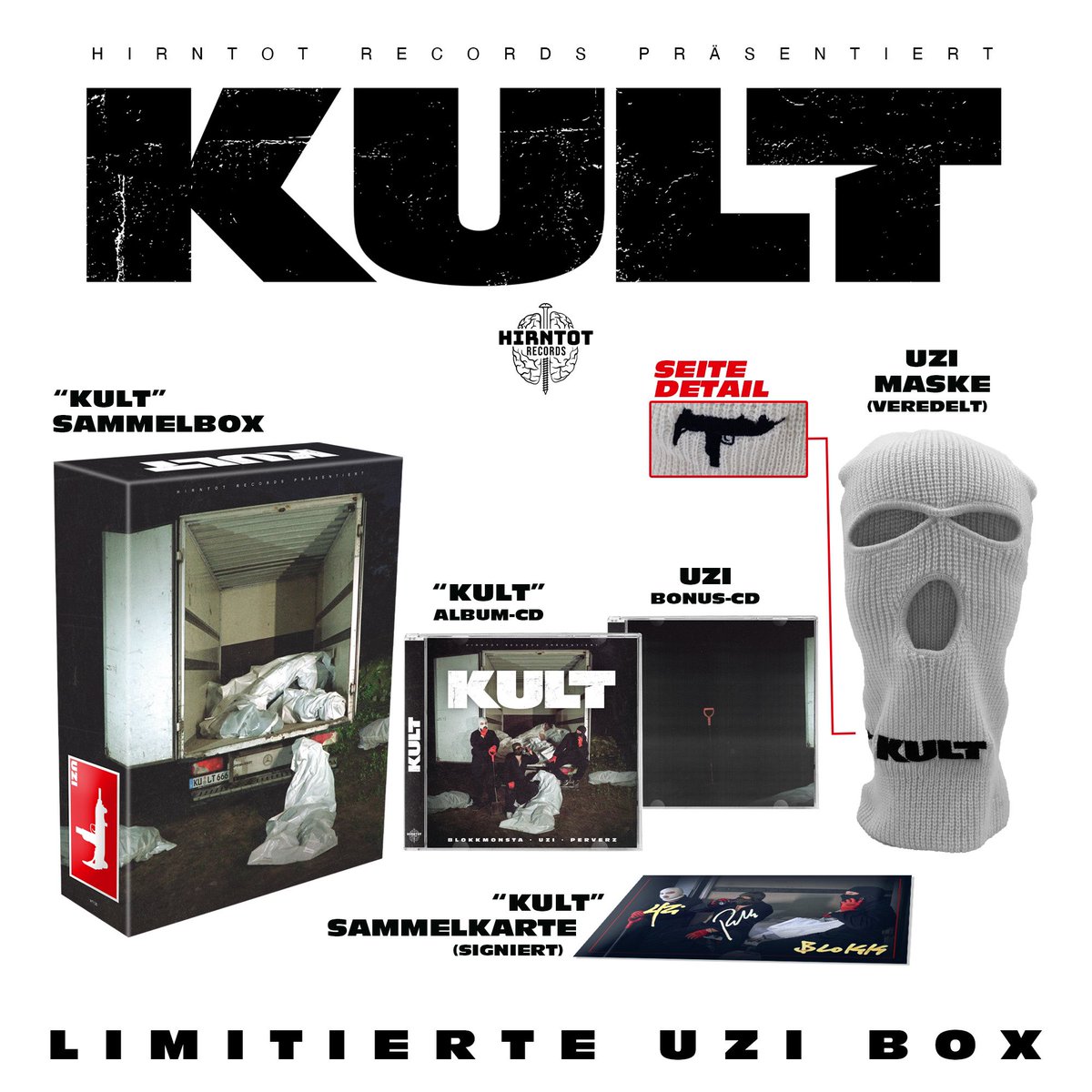 Ihr habt ja schon zwei Boxen weggeschnappt…ihr solltet jetzt auch die letzte Uzi Box sichern. Wieso? Weil es ne geile Wertanlage ist? Auch, vor allem aber weil wir das ohne Support von „Kollegen“ oder Medien geschafft haben. Wie immer. hirntot-shop.de/kult-ltd.-uzi-…