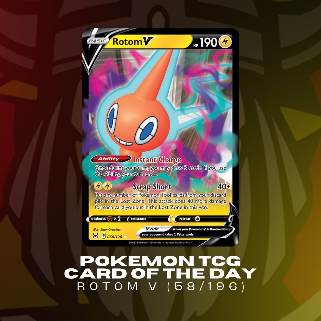 ThunderTCG's tweet photo. COTD 🎲 | With the 2022 Pokémon World Championships over, it’s time to look forward to what comes next! Todays card of the day is Rotom V from the upcoming Lost Origin set. Draw three cards? Don’t mind if I do! 👀✊ #Pokemon #PokemonTCG #PlayPokemon https://t.co/65KkUpxPqG