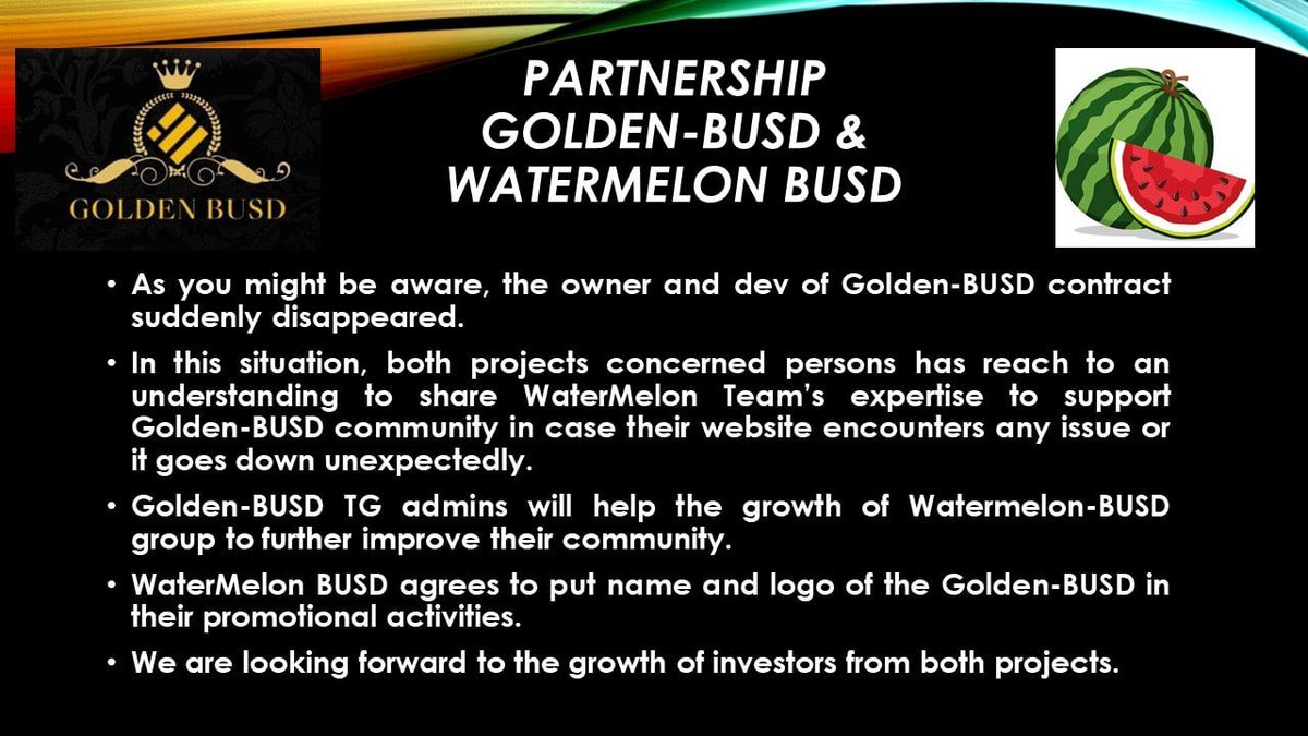 WatermelonBUSD's tweet photo. Big news for everyone! Join our group on https://t.co/aL6ICs6Neh
Join GoldenBUSD group on https://t.co/PrR3P6loQE
#DeFi #BSC #Bscgem #community #building #BNB #BUSD https://t.co/PCCjEv7Xhr