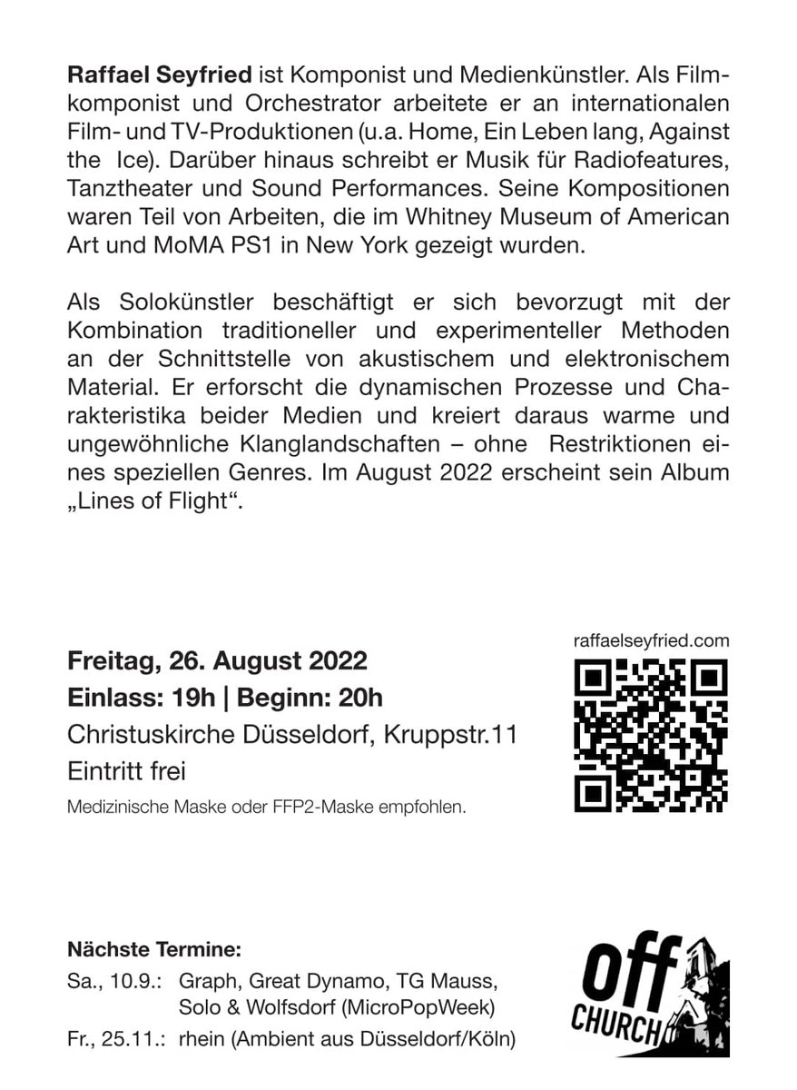 publictune's tweet photo. Mit „Lines of Flight“ erscheint am Freitag das erste Album des #Düsseldorfer #Komponisten und #Medienkünstlers Raffael Seyfried. Das #Release-Konzert findet im Rahmen der #OffChurch-Reihe in der #Christuskirche statt.
26.08. | Einlass 19:00 | Beginn 20:00 | Eintritt frei https://t.co/tX38RoO1CQ