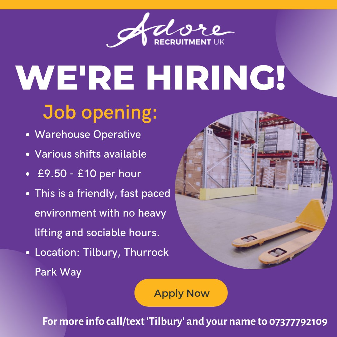 AdoreRec's tweet image. WE'RE HIRING💜

▪️Warehouse Operative

▪️If you're looking for a company that understands the true value of their staff and encourages progression from within, please apply now!

▪️For more info call/text 'Tilbury' and YOUR NAME to 07377 792 109.