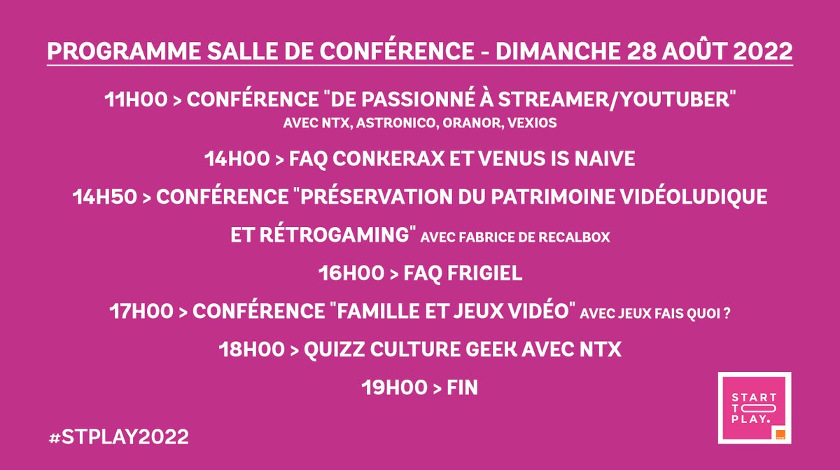 [Programmation 2022] Découvrez le programme et les horaires de notre salle de conférence avec Frigiel / Conkerax &amp; Venus is naive / Strasbourg Games Community / Recalbox / Jeux Fais Quoi ? 👀 #STPLAY2022