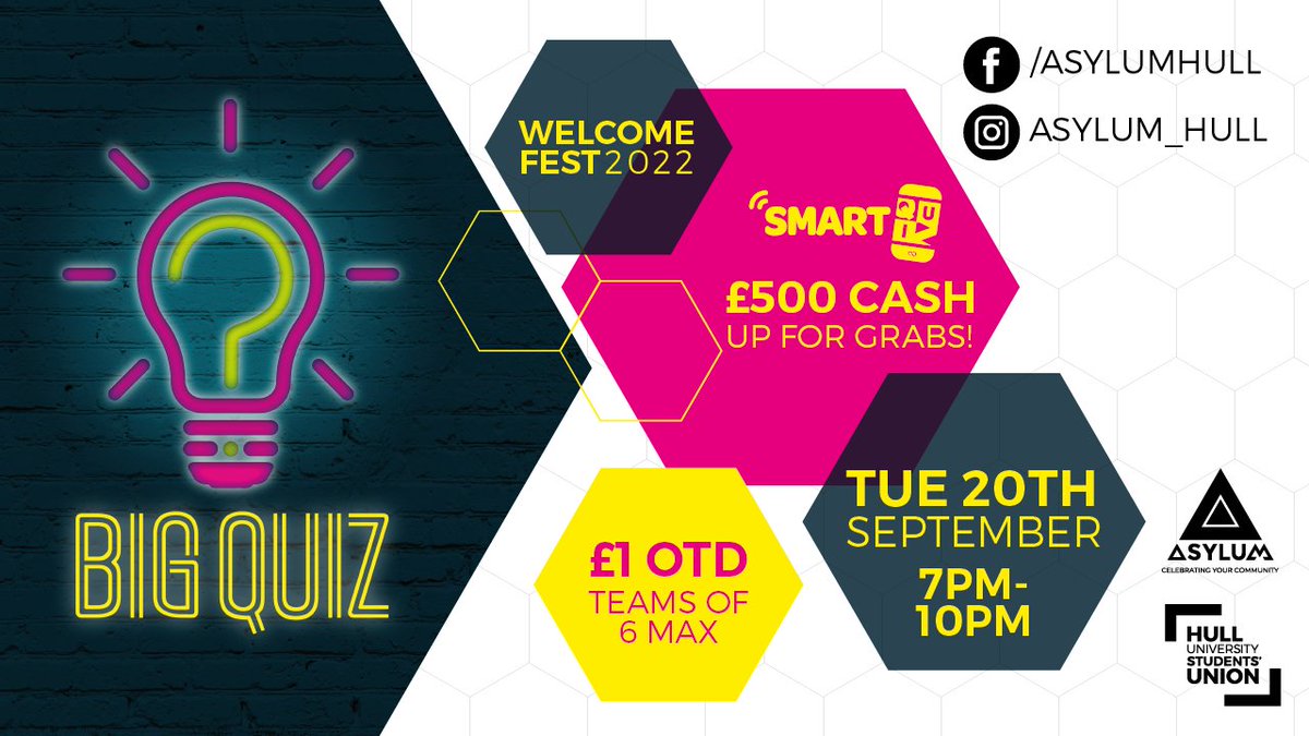HullUniUnion's tweet photo. Our Big Quiz is back and we've had a glow up 💡
Bee the winner of the £500 top prize at the first quiz night of term during WelcomeFest!
#WelcomeFest #WelcomeFest22 #Freshers #Freshers22 #FreshersWeek #FreshersWeek22 #HullFreshers #HullFreshers22 #Welcome https://t.co/9KErtuPxRx