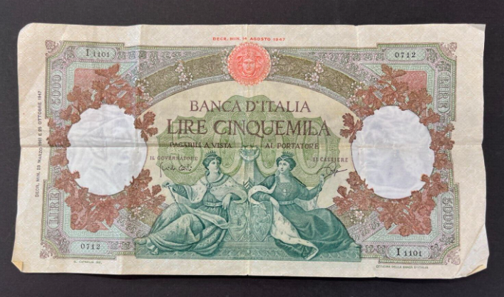 CavalierCoins's tweet image. Coming Live to Auction this Thursday ! 
VERY RARE 1947 5000 Lira Italian Banknote!!#rarebanknote #italianlirabanknotes #fivethousandliranotes #largeolditalianbanknotes 
you do not want to miss out on this note.