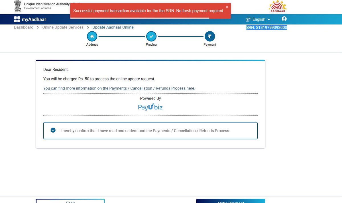 D_PACIFIC's tweet photo. @UIDAI 
@UIDAI  Applied for address update on online. Payment done for SRN :S1319799392000 but request pending at payment stage. Retrying for payment gives an error below. Pls help @UIDAI @UIDAIHyderabad @ceo_uidai https://t.co/ZgRaD5L0aS