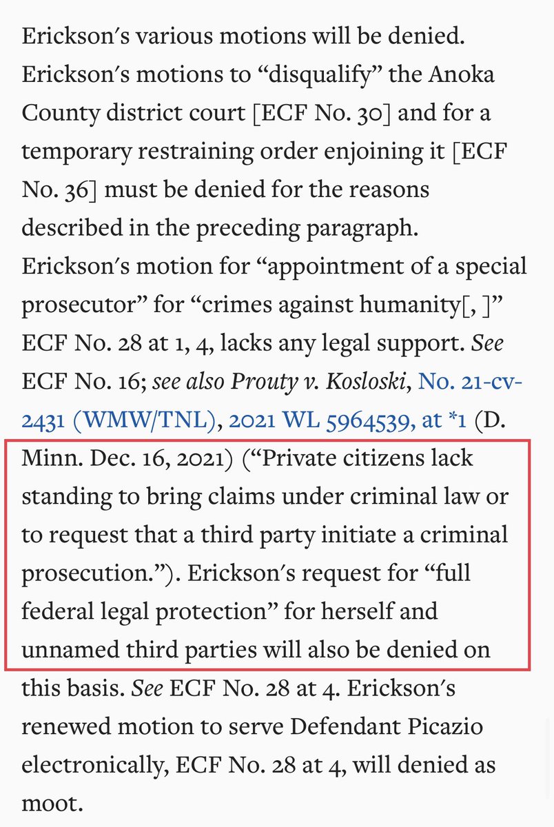 PaulaCBlades17's tweet photo. @VerigoKennLove @RandomThots24 @cristyfifield @SarahSeeksTruth @mickeycline @EagerWrought @CzebotarJessie @cristyfifield @CzebotarJessie
("Private citizens lack standing to bring claims under criminal law or to request that a third party initiate a criminal prosecution.").
RANDI CANNOT FILE THIS AS A CRIMINAL CASE INTO THE FEDERAL COURTS.
https://t.co/o0aQjTncqD https://t.co/gqsUyDihgc