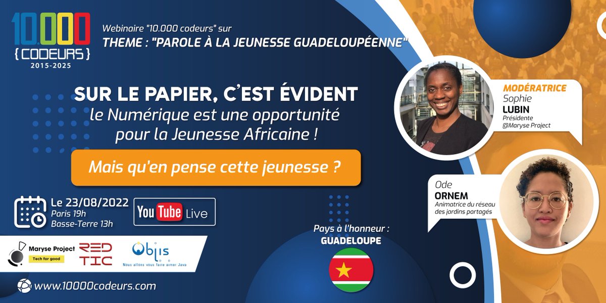 10000codeurs's tweet photo. [GUADELOUPE] PAROLE A LA JEUNESSE GUADELOUPÉENNE https://t.co/Y89Kp0xzVZ

Nous recevons Ode Ornem, animatrice du réseau des jardins partagés, dans PAROLE A LA JEUNESSE.

🇬🇵 YouTube : https://t.co/wmqos8EfEN

RDV ce soir à 19h (Heure de Paris)

#10000codeurs #guadeloupe https://t.co/Zqd9UFn2TM