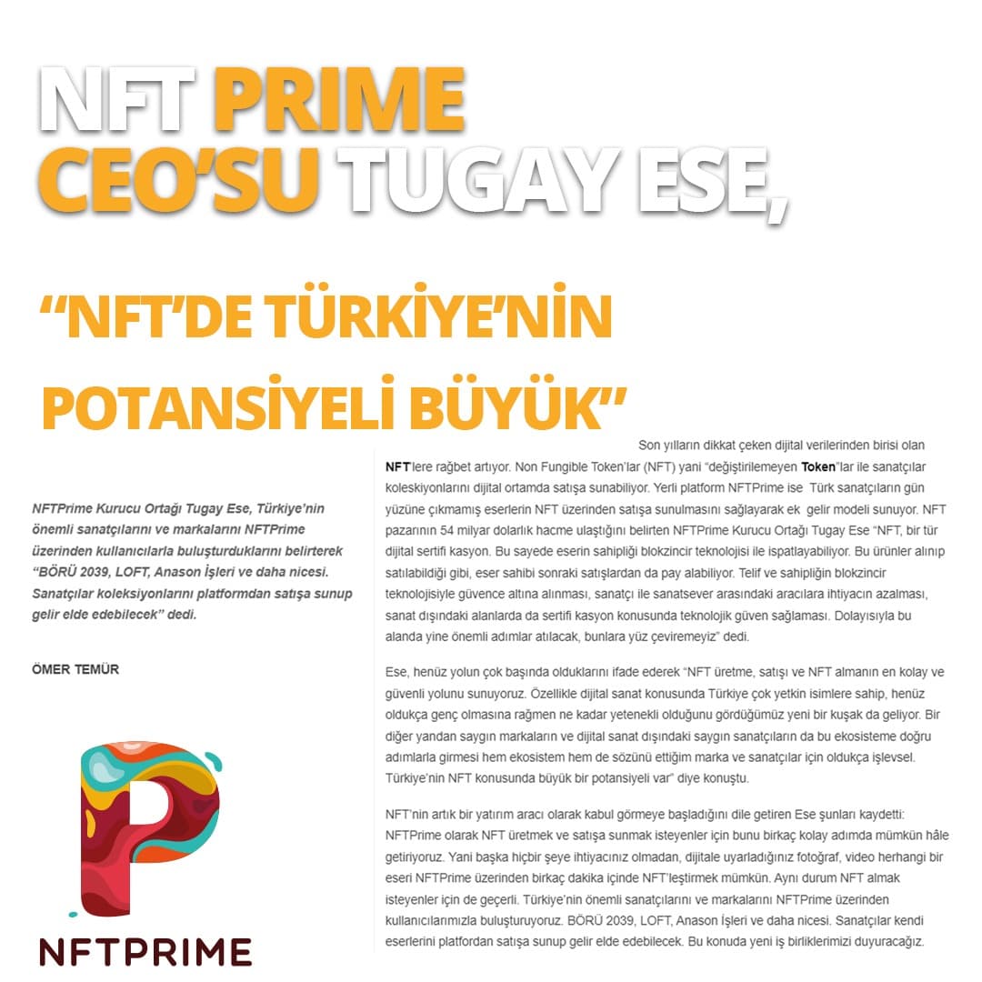 nftprimecom's tweet image. NFTPrime kurucu ortağı Tugay Ese, Türkiye gazetesinden Ömer Temür’e konuştu. Ese, “NFT alanında çok önemli adımlar atılacak” dedi. Ese’nin NFT dünyasına dair değerlendirmelerinin yer aldığı röportajın tamamı için tıklayın.
turkiyegazetesi.com.tr/teknoloji/8991… @tugayese @omertemr