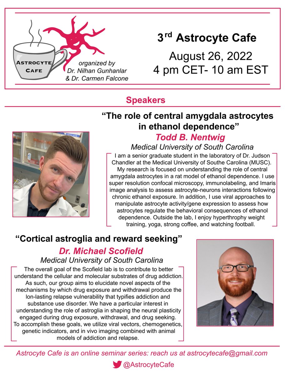 Join us for the third #AstrocyteCafe on Friday Aug 26! 

We look forward to some pretty amazing talks by <a href="/toddbNentwig/">Todd B Nentwig, PhD</a> and <a href="/ScofieldLab/">Scofield Laboratory</a> 😍

DM us if you haven't subscribed to our mailing list and want to join!

<a href="/OpenAcademics/">OpenAcademics</a>  on Friday, Aug 26!