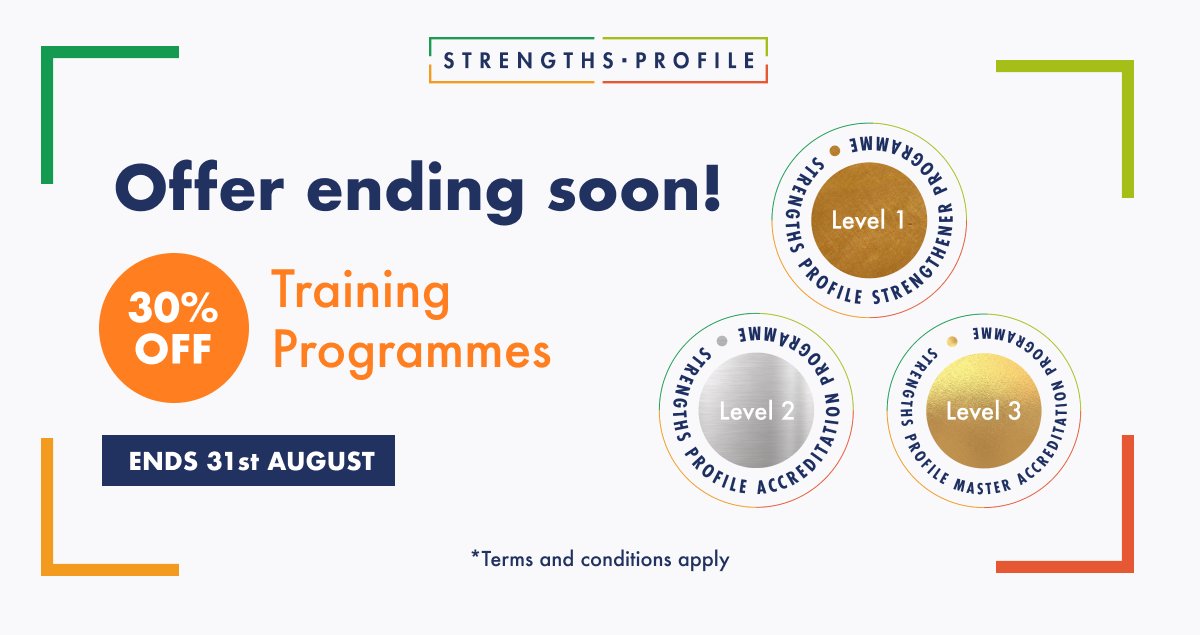Offer ending soon ⏰

Get *30% off Strengths Profile training programmes up to 31st August. 
*Individual purchases only. One-time use per customer. Find out more bit.ly/3c9qG0j