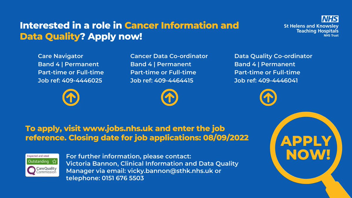 mwl_recruitment's tweet photo. Interested in joining the Cancer Information and Data Quality Team? 🤔 

🚨We will be hosting our first ever Cancer Information and Data Quality Administrative Recruitment Event on Saturday 3rd September 2022 – 10am – 3pm. Come and visit us!🚨

✅ Apply now!

#WeAreTheNHS https://t.co/lpkxiNwgHW