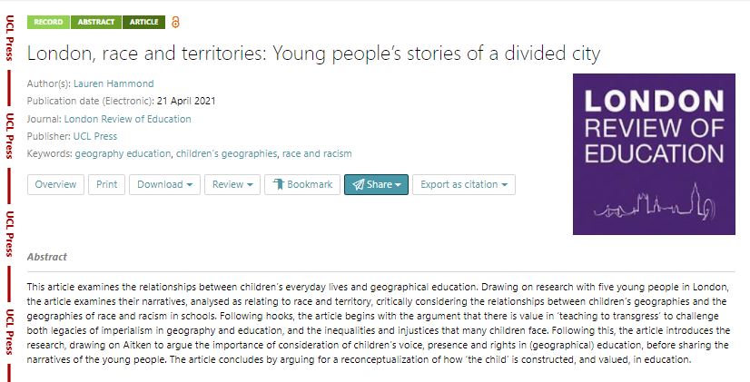 uclpress_ed's tweet image. How do London school children perceive their multicultural city? Lauren Hammond critically considers the relationships between children's geographies &amp;amp; the geographies of race &amp;amp; #racism in schools #OpenAccess: ow.ly/t57G30sfWQW    #GeographyEd