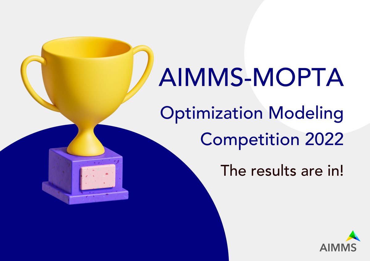 Announcing the results of the 14th AIMMS-MOPTA Optimization Modeling Competition. Team Bern Unicorns from the University of Bern are the winners of this year's competition. 🏆👏

Read the full update on our community - bit.ly/3QZLTbZ
#MOPTA #AIMMS