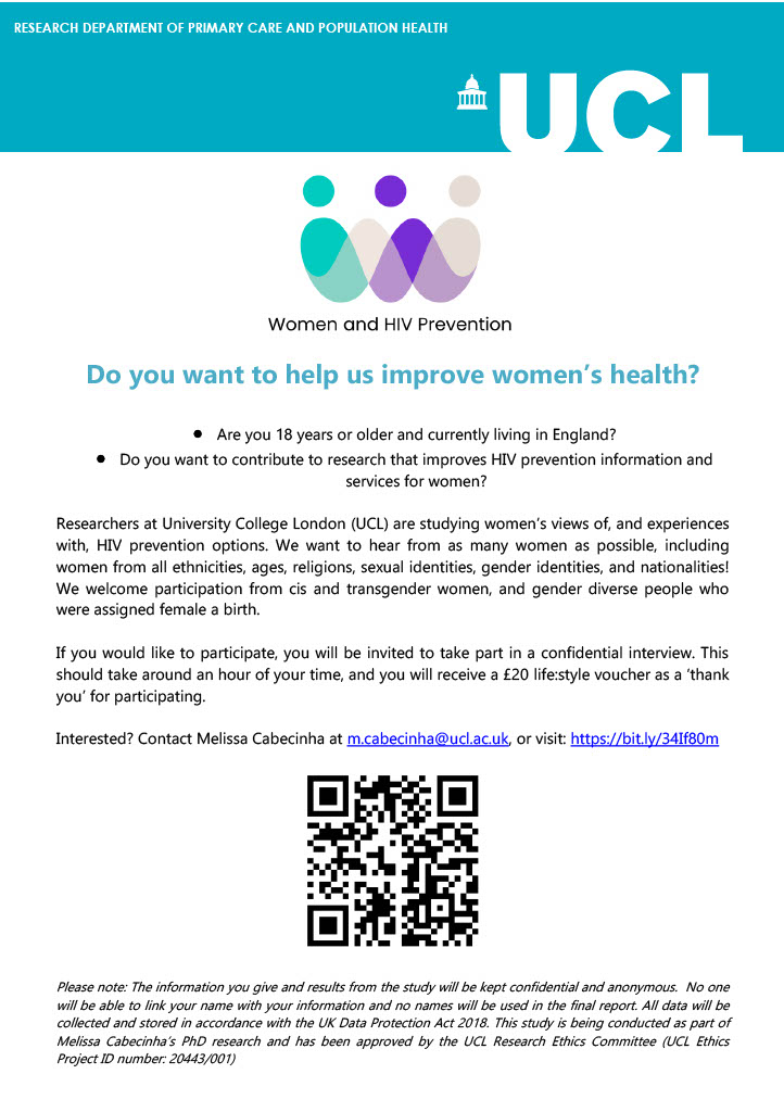 Are you a woman with an hour to spare? Want to help improve HIV prevention services for women in England? Get in touch to take part in our study! 

sign up here -> bit.ly/34If80m