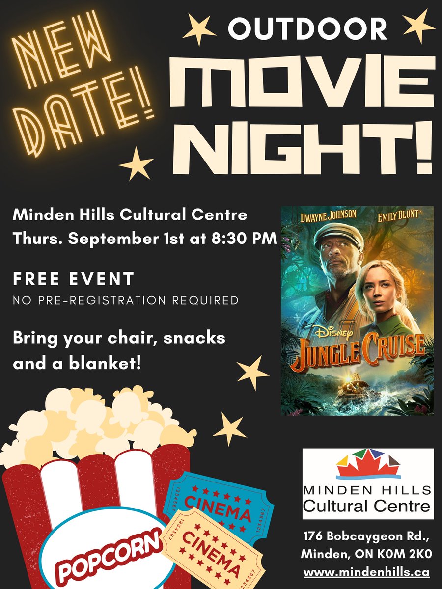 twpmindenhills's tweet photo. Join us tomorrow at the Cultural Centre for our outdoor movie night, presenting the hilarious river adventure ‘Jungle Cruise’. Bring your chair, blanket and snacks! This is a free event, no pre-registration is required.  This film is rated PG-13. #outdoormovie #mindenhills https://t.co/9GtApc4py8