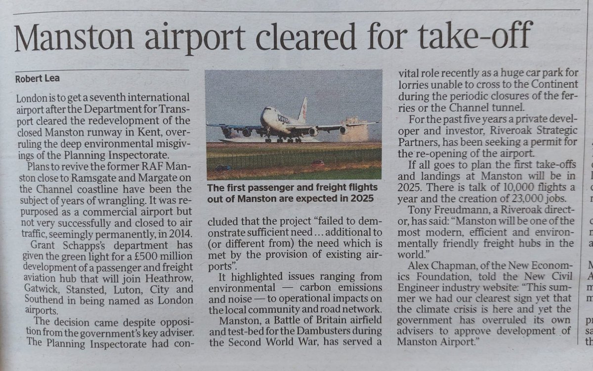“Deep environmental misgivings” from the Planning Inspectorate about plans for #ManstonAirport are brushed aside. 

Another 10,000 flights a year as we face #ClimateBreakdown 🤦‍♂️
#FlyingToExtinction
