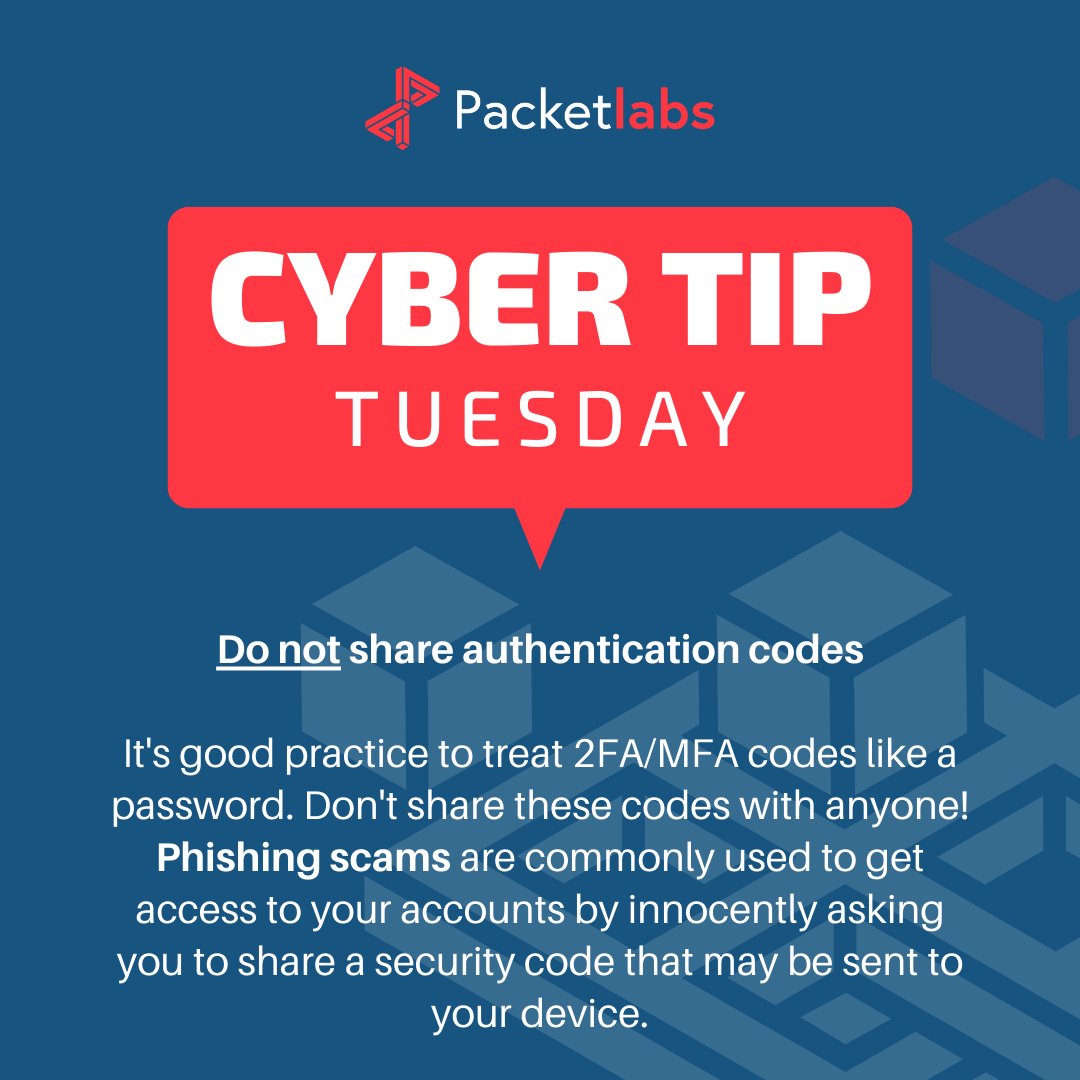 pktlabs's tweet image. Authentication codes are equal to passwords. Do not share them with anyone!:511
Read more on 2FA: hubs.li/Q01kzWJW0
#phishing #authenticationcodes #cybersecurity #cybertiptuesday