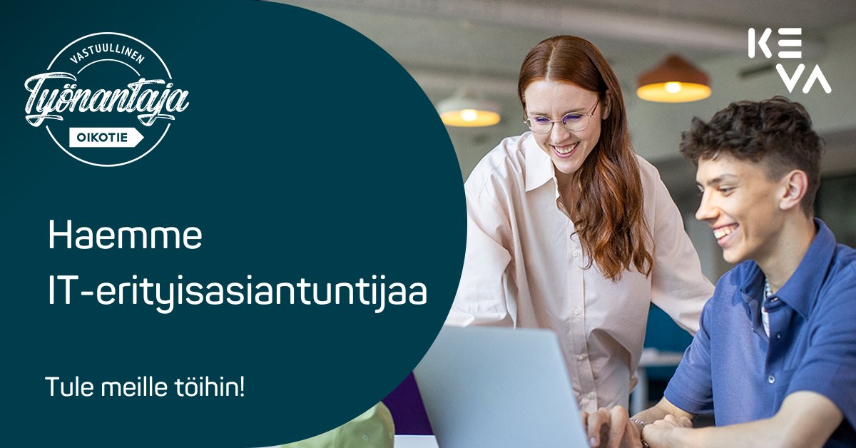 Tule tekemään mukaansatempaavaa ja merkittävää ICT-työtä! Suomen suurin työeläkevakuuttaja Keva on vahva ja jatkuvasti uudistuva IT-talo. Meillä pääset innostavaan porukkaan ja haastaviin hommiin, joissa et sammaloidu.

📲 keva.fi/uutiset-ja-art…

#työpaikat #ICT